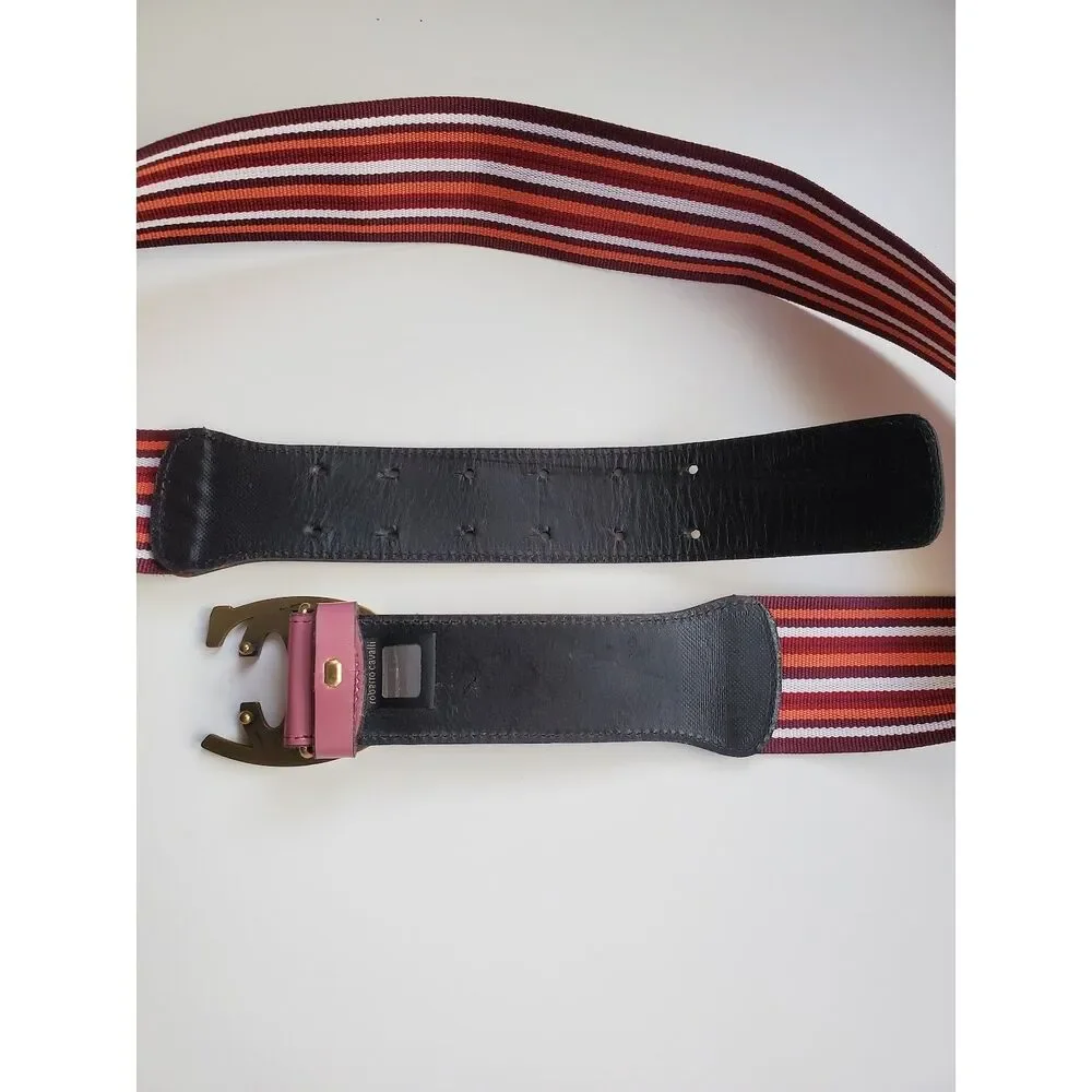 Just Cavalli Womens Adjustable Waist Belt Pink Orange Striped Logo Buckle S